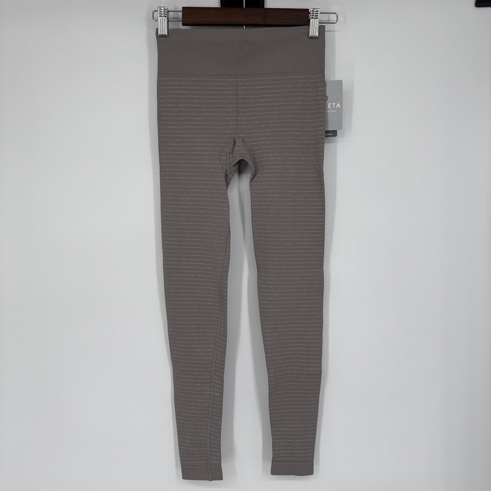 NWT Athleta Women's Shimmer Stripe Tight Metallic Silver Leggings XS Unstinkable